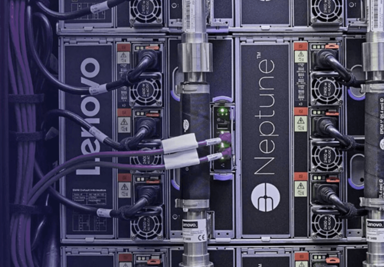 Lenovo Neptune rack hardware and cooling connections — public product imagery