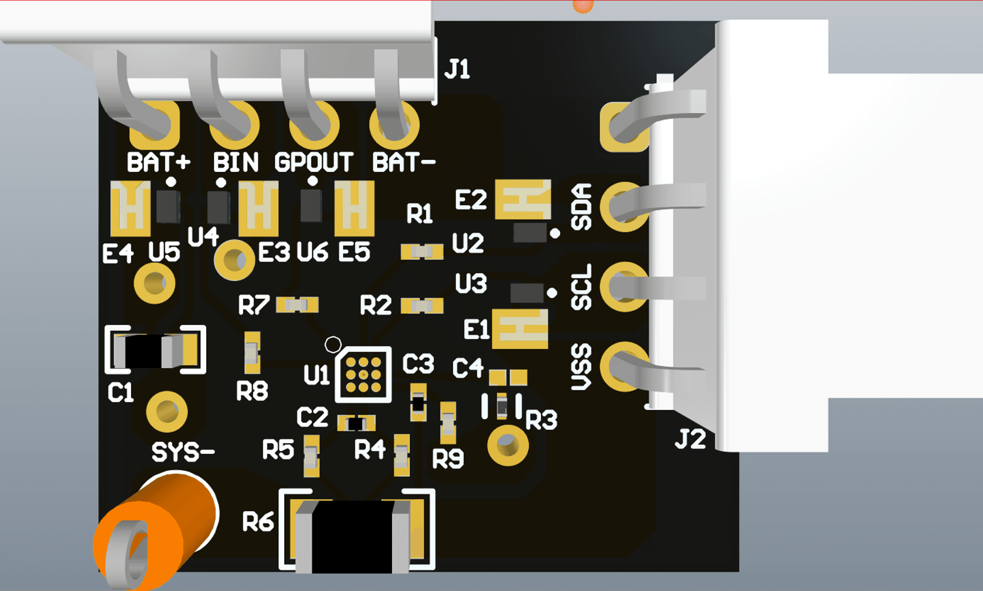 Redacted 3D rendering of the custom ESD-protected battery-gauge PCB