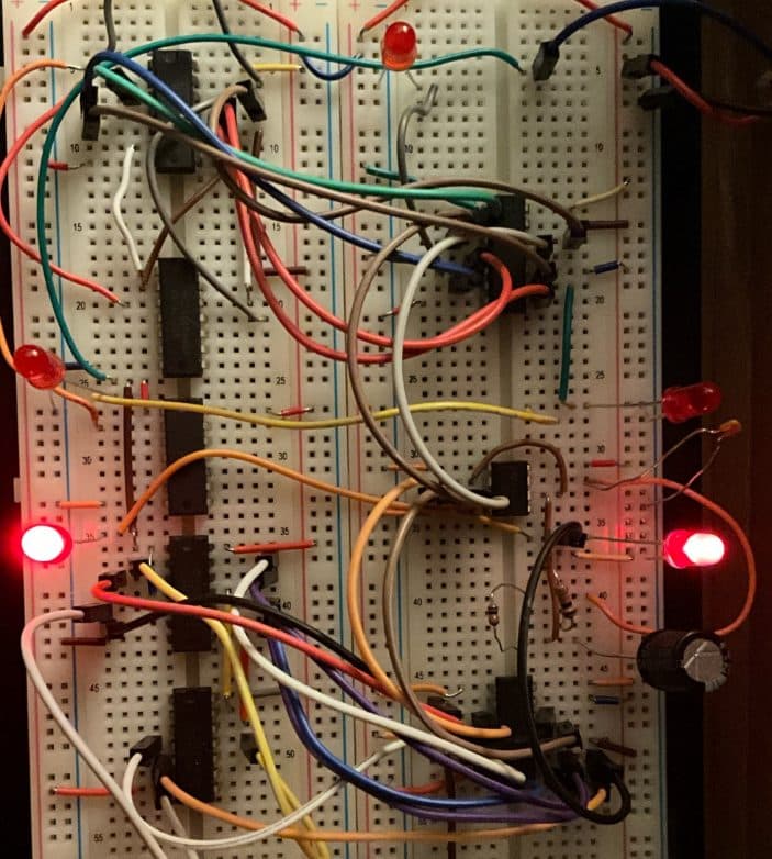 Breadboarded digital logic circuit for the LED road-sign project